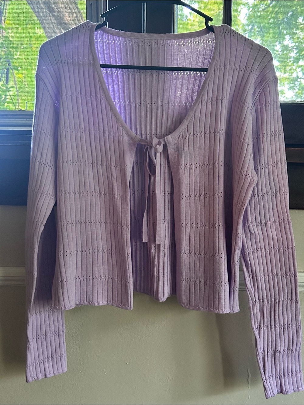 Lavender Tie-Front Ribbed Knit Top